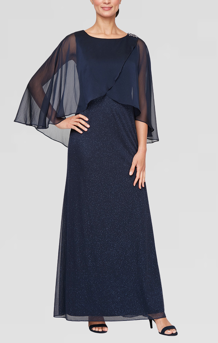 Navy Bateau Floor-Length Jersey Gown with Embroidered Illusion Sleeves SL Fashions 9433256