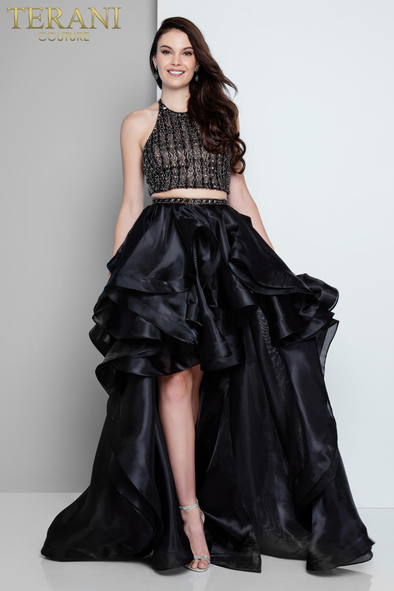Prom Dresses A Line Two Piece High Low Formal Prom Dress  Black Nude