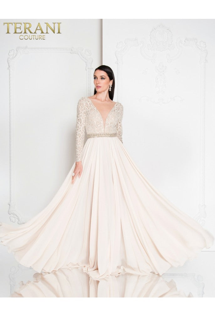 Terani Couture 1812M6650 Long Beaded a Line Lace Evening Formal Dress