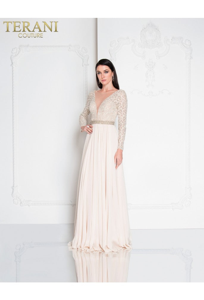 Terani Couture 1812M6650 Long Beaded a Line Lace Evening Formal Dress