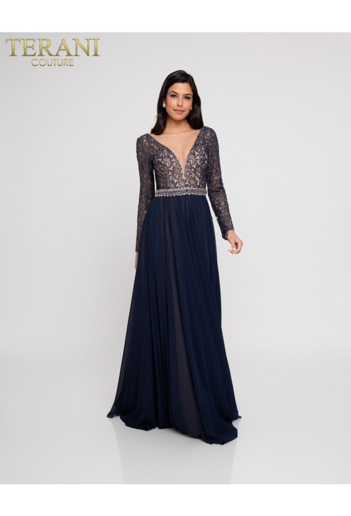 Terani Couture 1812M6650 Long Beaded a Line Lace Evening Formal Dress