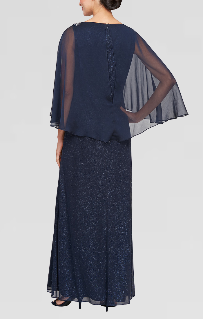 Navy Bateau Floor-Length Jersey Gown with Embroidered Illusion Sleeves SL Fashions 9433256
