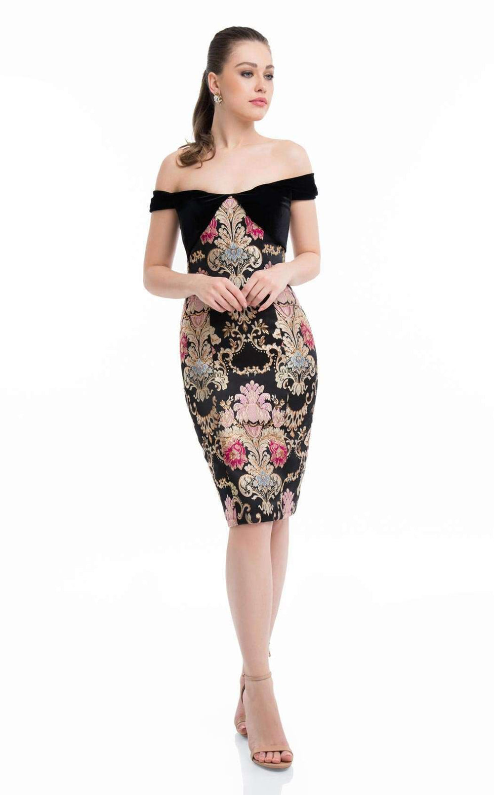 Cocktail Dresses Fitted Knee Length Pattern Cocktail Dress Black Multi
