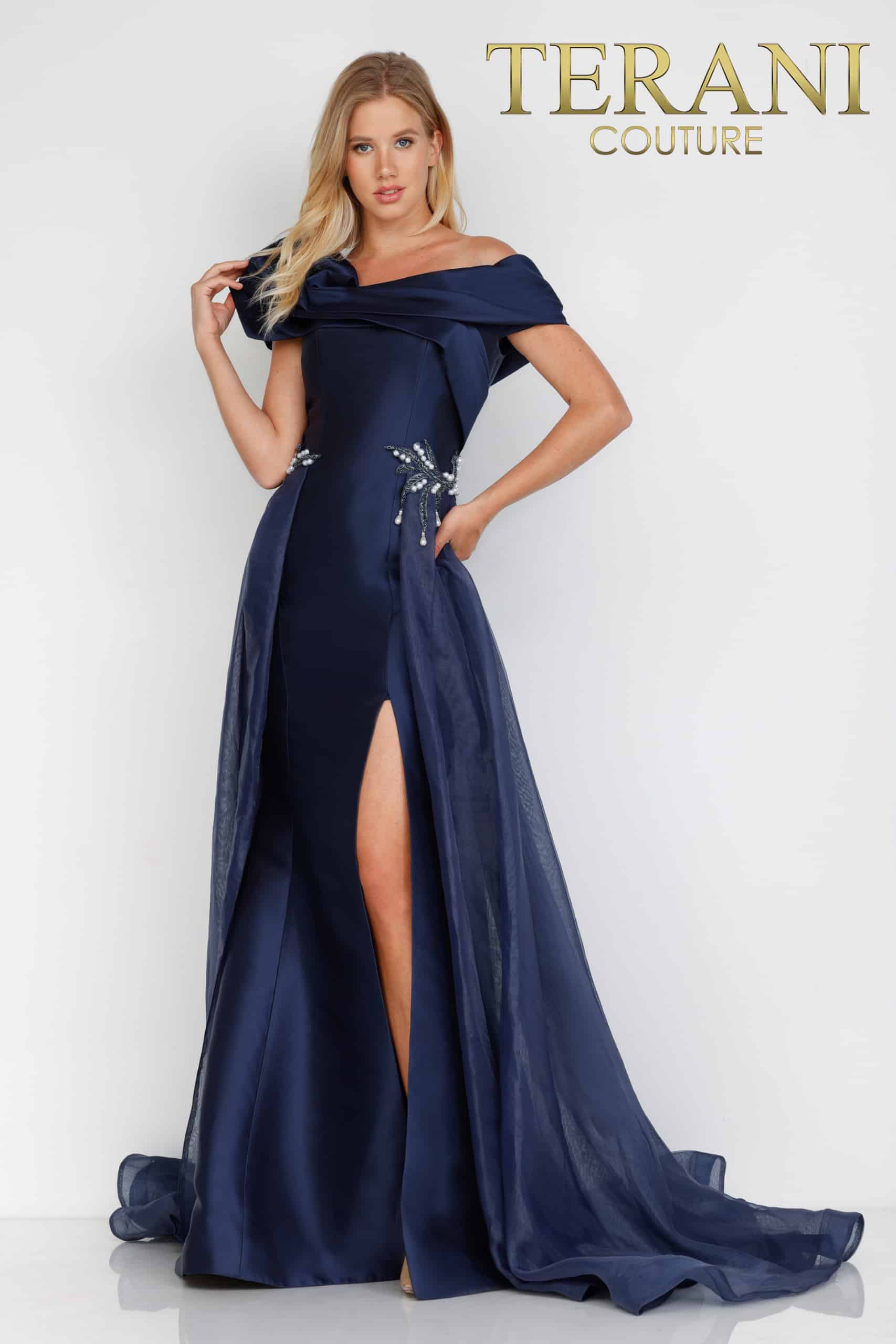 Formal Dresses Long Formal Prom Beaded Overskirt Dress Navy