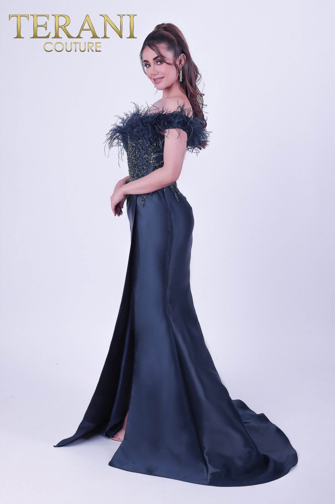 Formal Dresses Long Formal Prom Feather Beaded Dress Navy