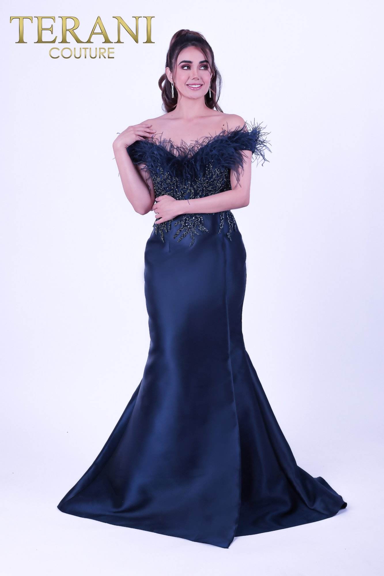 Formal Dresses Long Formal Prom Feather Beaded Dress Navy