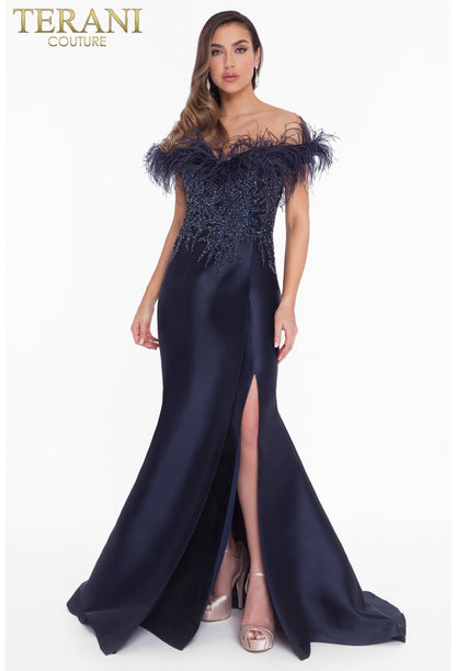 Formal Dresses Long Formal Prom Feather Beaded Dress Navy