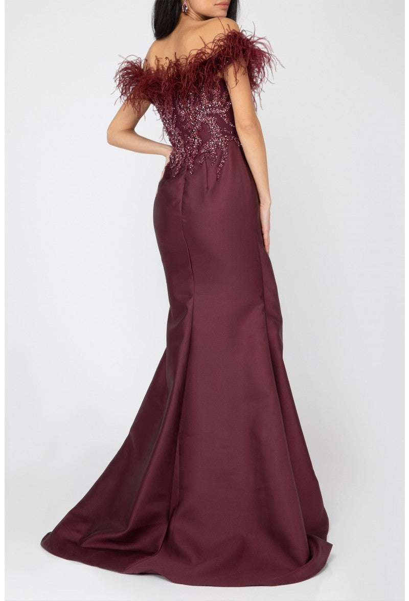 Formal Dresses Long Formal Prom Feather Beaded Dress Wine