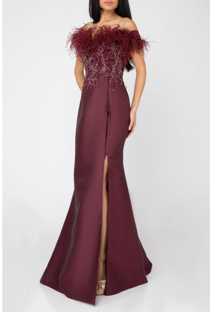 Formal Dresses Long Formal Prom Feather Beaded Dress Wine