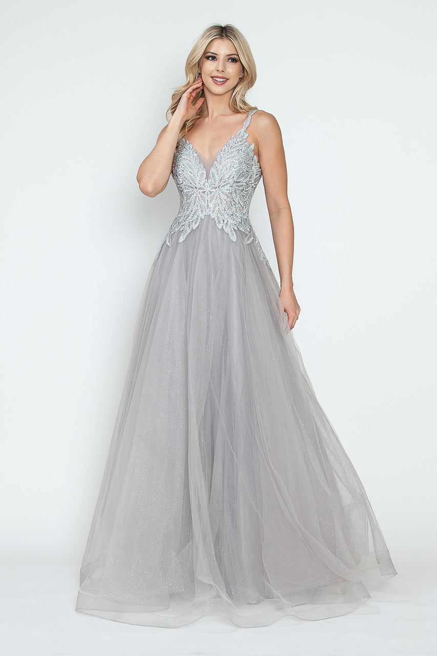 Prom Dresses Long Formal Floral A Line Prom Dress Lenovia 8319 Silver