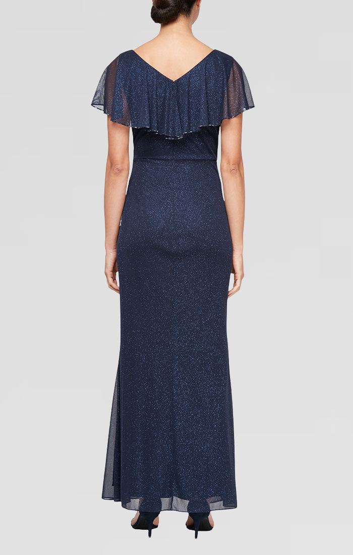 Navy V-Neck Floor-Length Glitter Mesh Gown with Ruffle Capelet SL Fashions 9233254