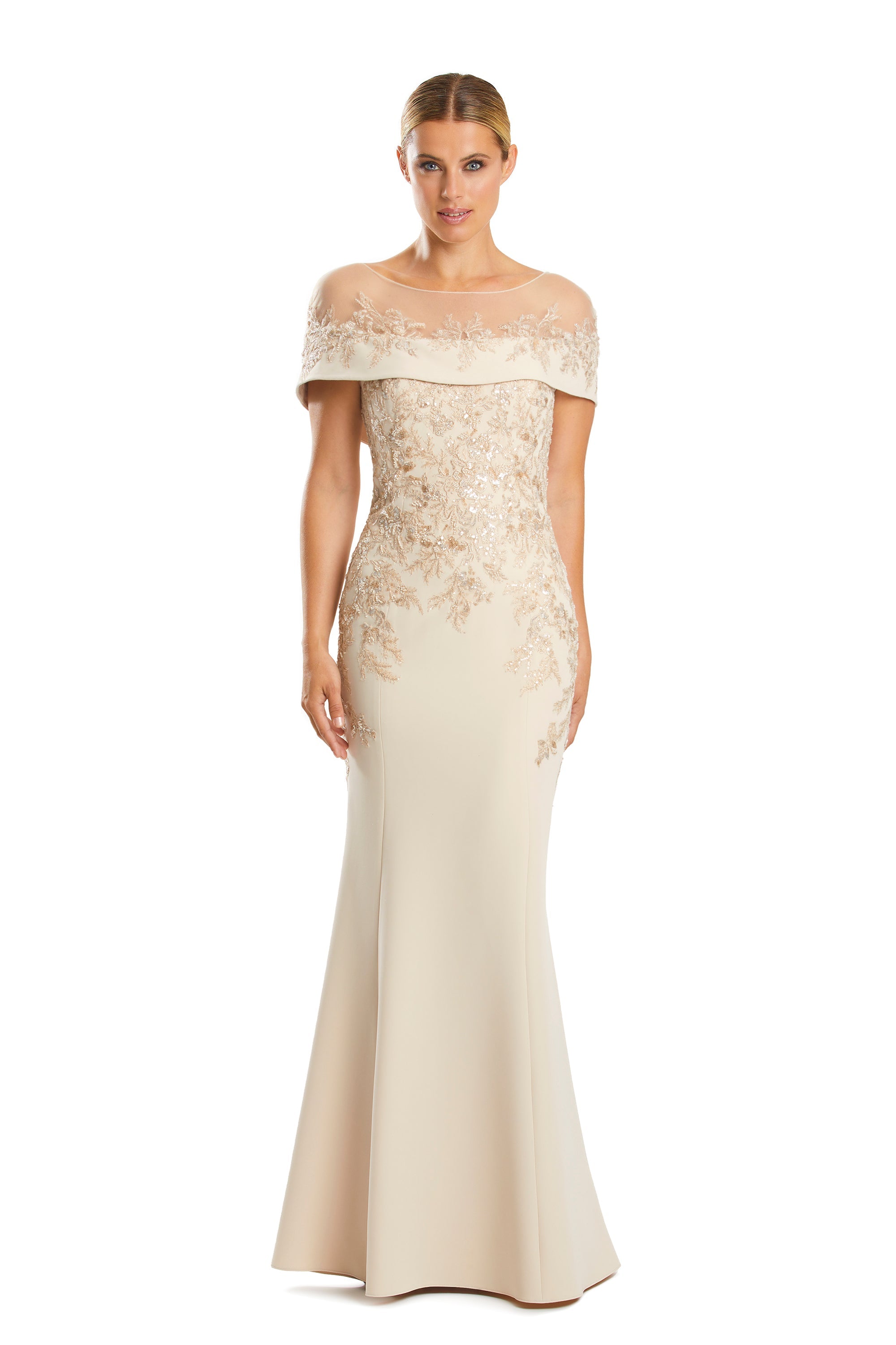Mother of the BrideDresses Long Formal Beaded Cape Mother of the Bride Dress Champagne