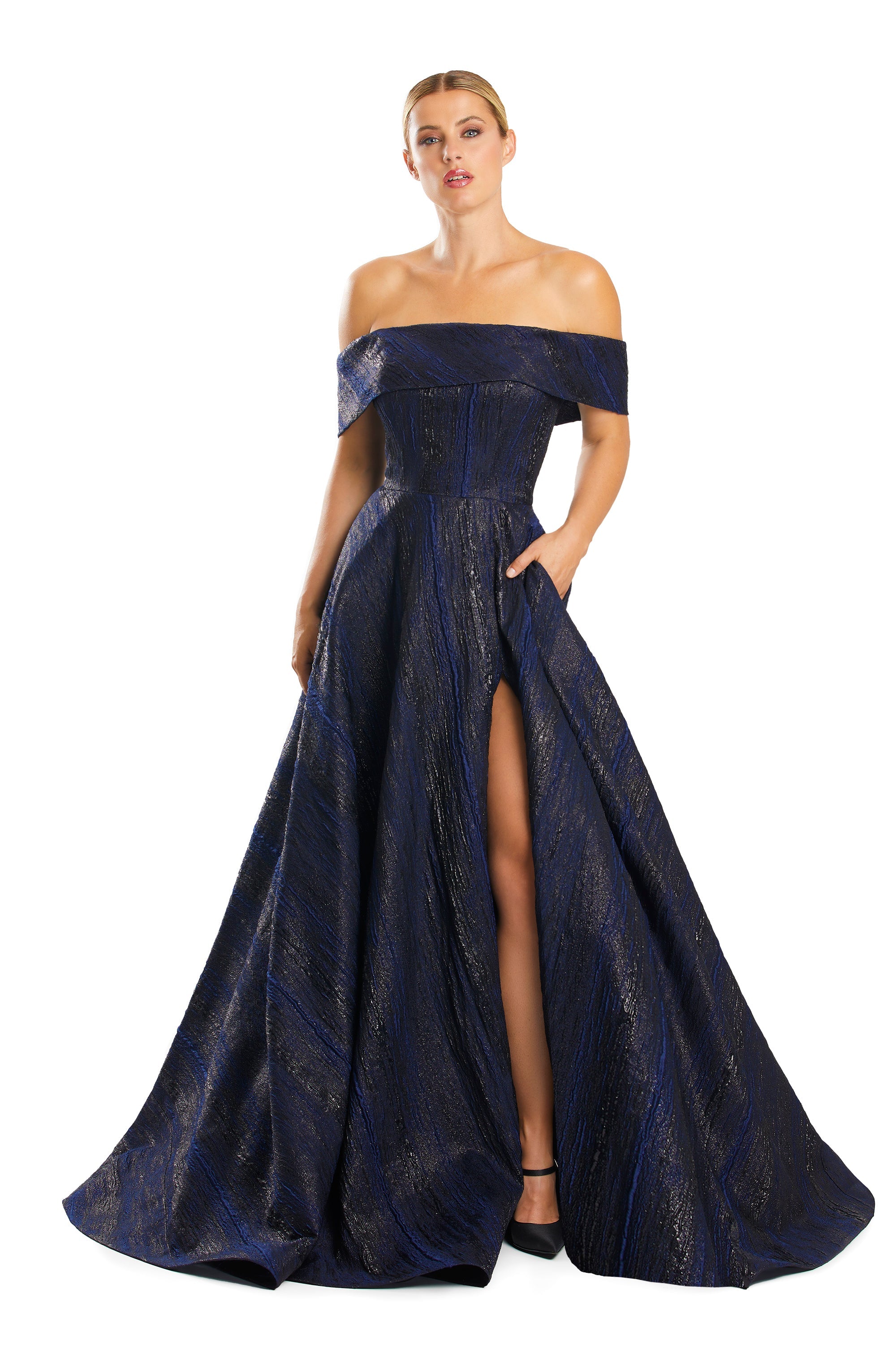 Prom Dresses Slit Long Formal Pocket A Line Prom Dress Navy/Black