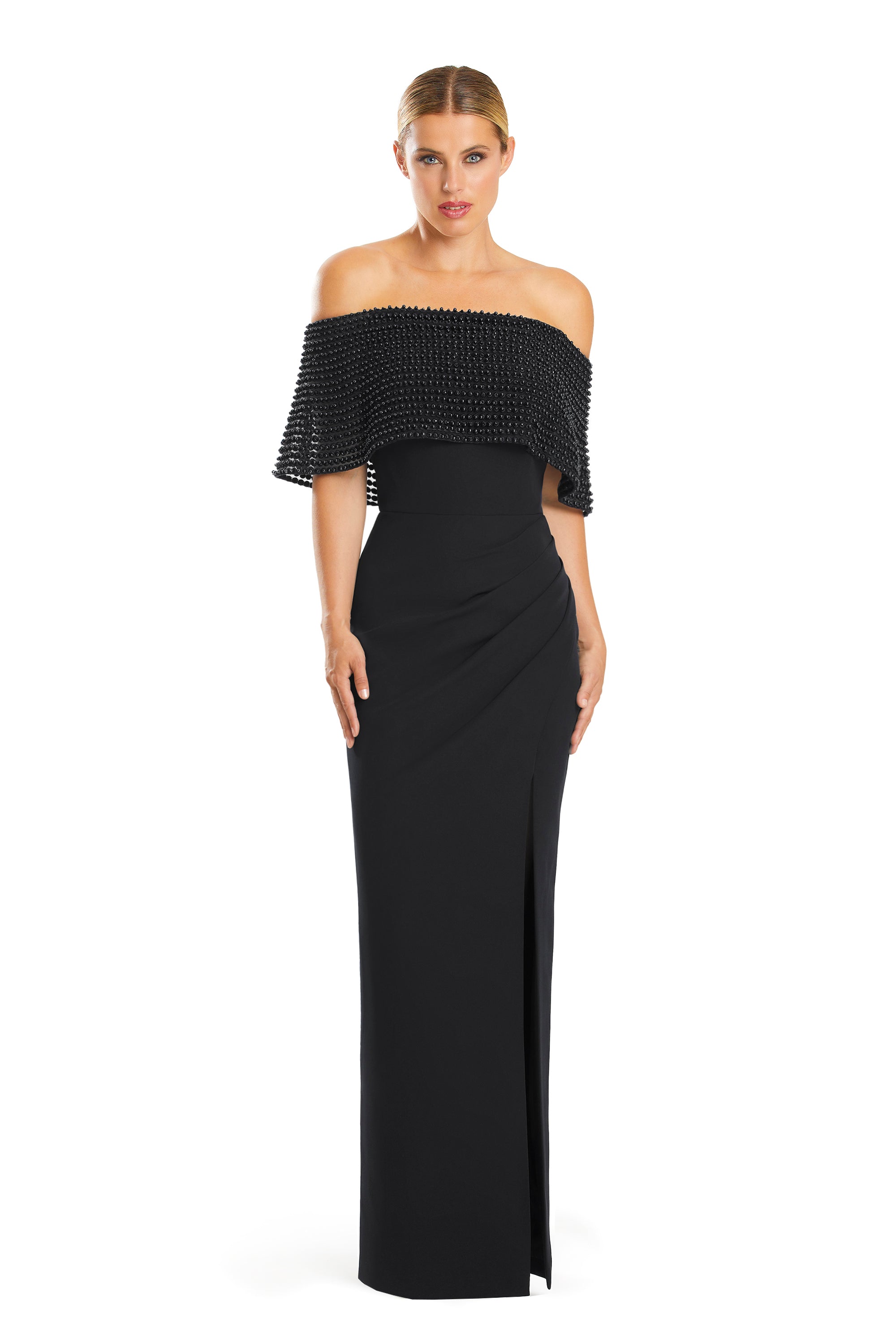Formal Dresses Beaded Long Formal Cape Evening Dress Black