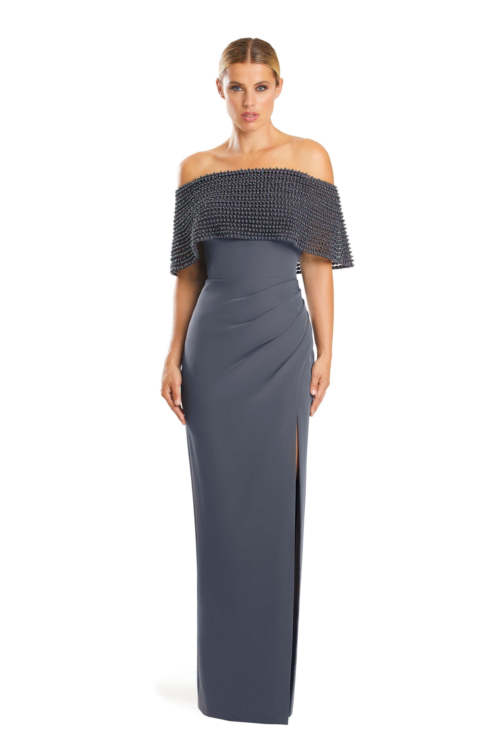 Formal DressesFormal Long Pleated Evening Cape Dress Hematite