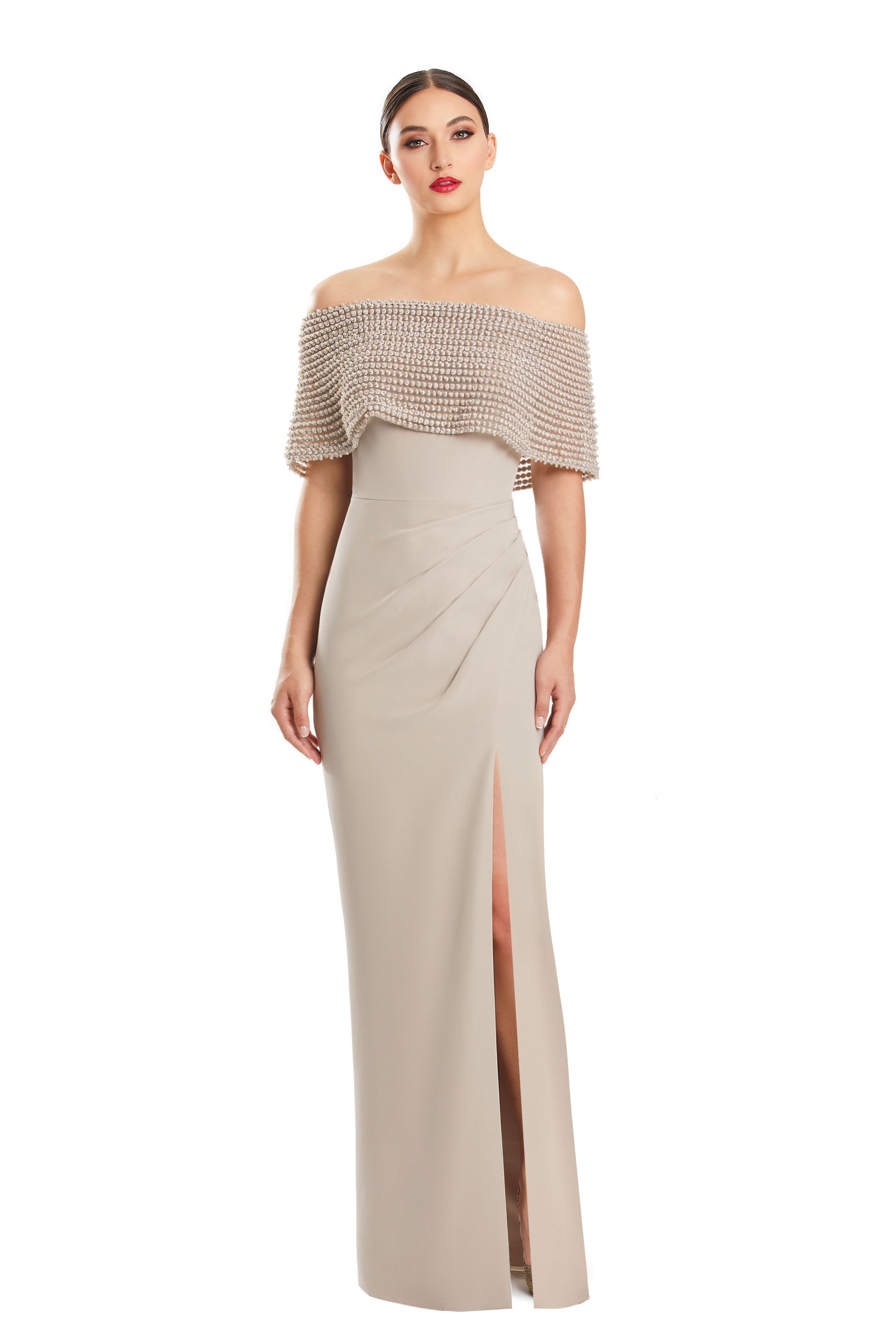 Formal DressesFormal Long Pleated Evening Cape Dress Taupe