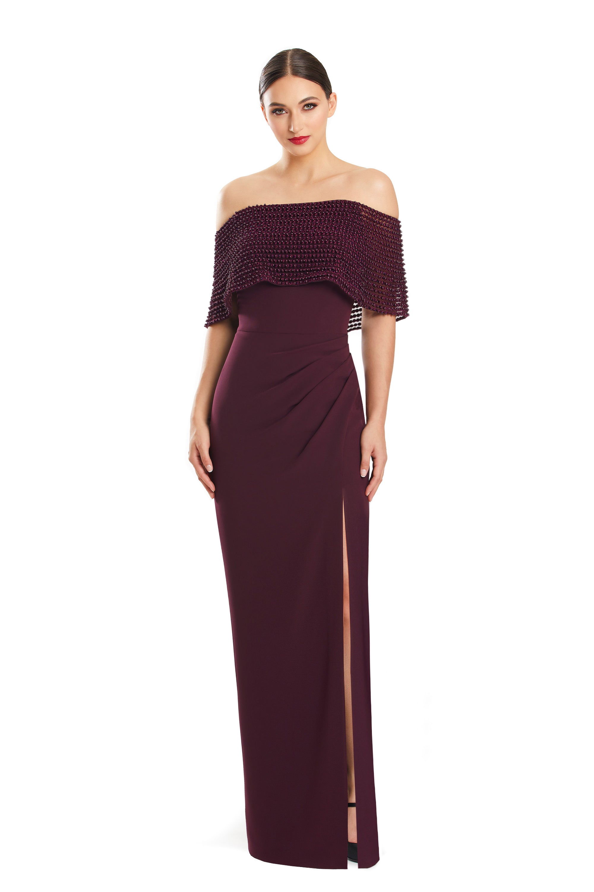 Formal DressesFormal Long Pleated Evening Cape Dress Wine