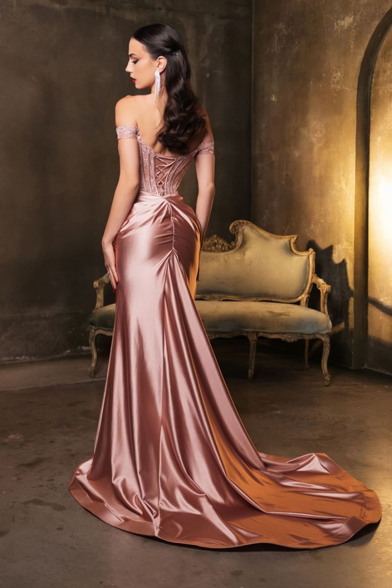 Off-the-Shoulder Floor-Length with Train Satin Prom Sheath Column May Queen 2146