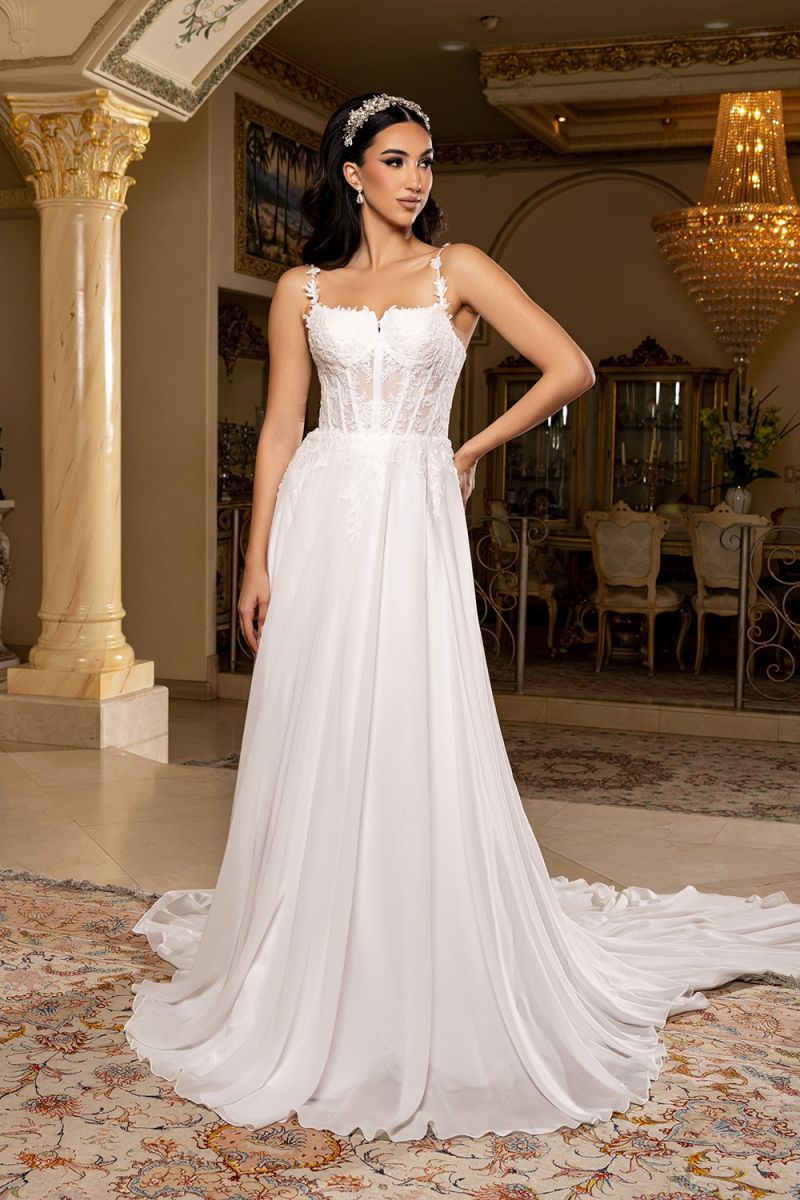 Sweetheart Floor-Length with Train Chiffon Wedding Dress A-Line May Queen RQ8248 - Ivory / 10 Sweetheart Floor-Length with Train Chiffon Wedding Dress A-Line May Queen RQ8248 - Ivory / 10