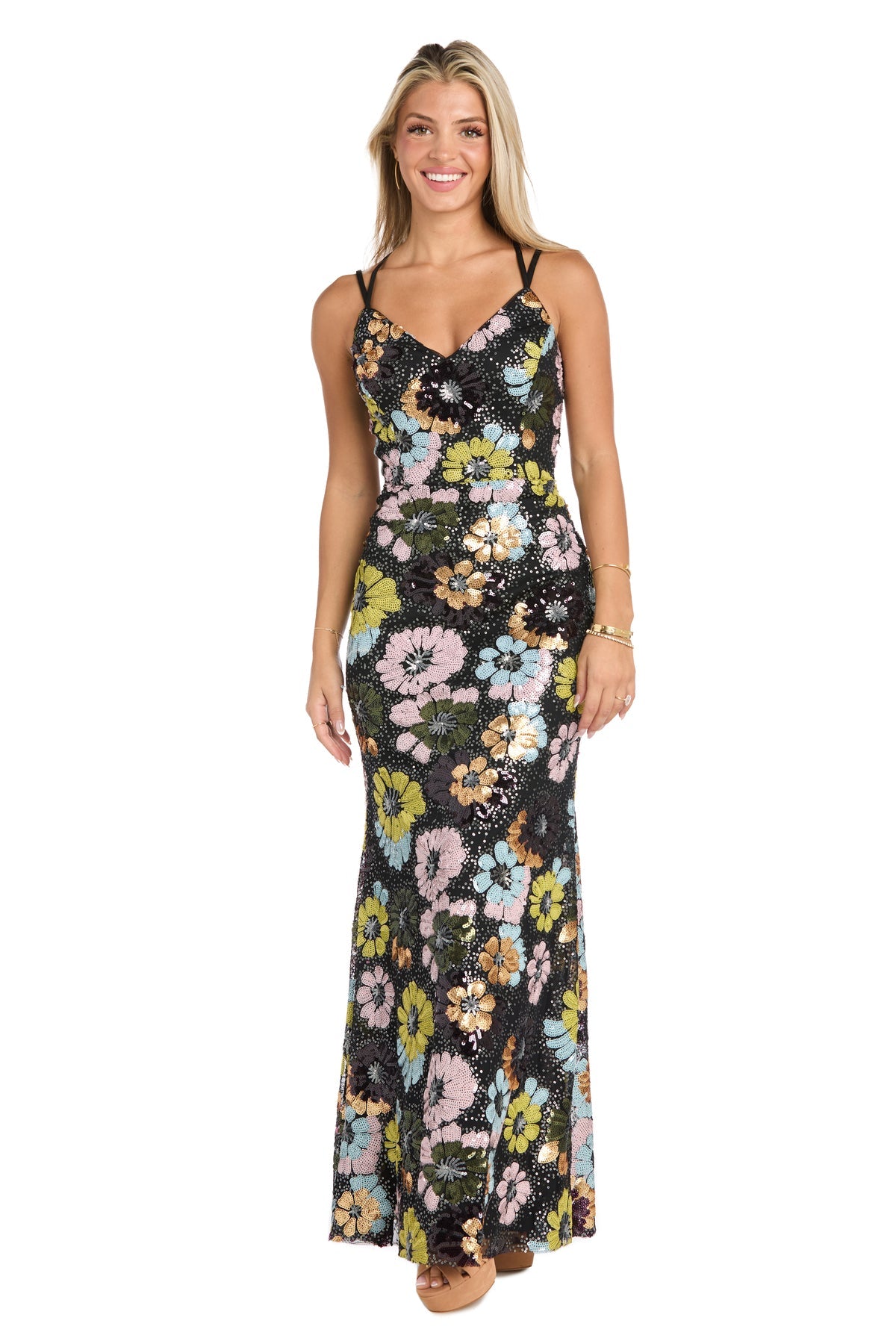 Prom Dresses Fitted Long Formal Floral Sequin Prom Dress Black/Multi