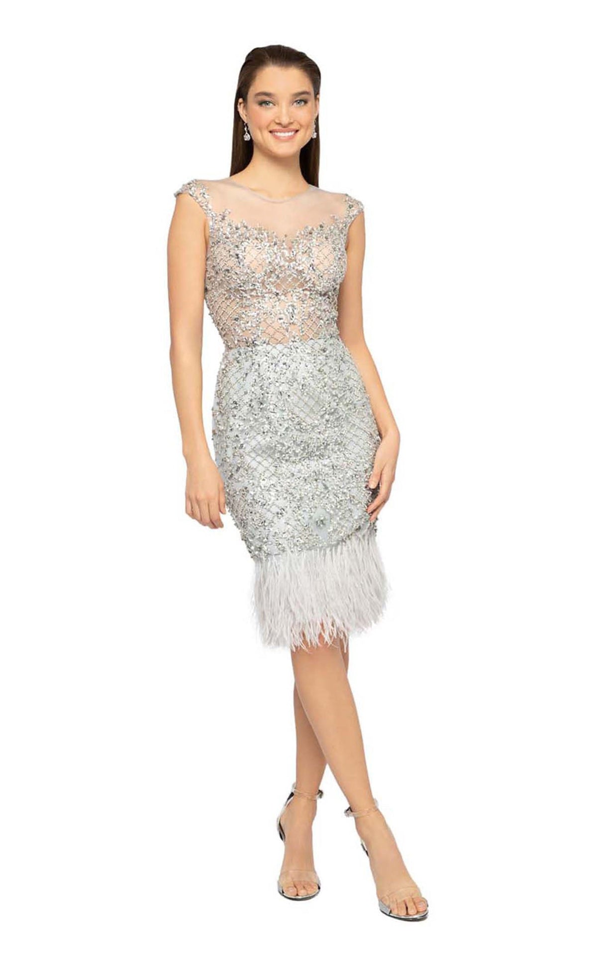Cocktail Dresses Short Fitted Feather Cocktail Dress Silver
