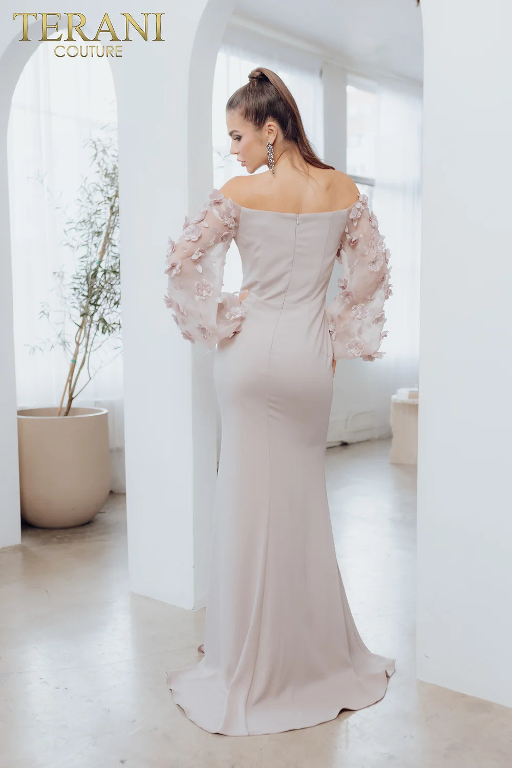 Terani Couture 1911E9128 Organza Sleeves Formal Dress Dusty Rose