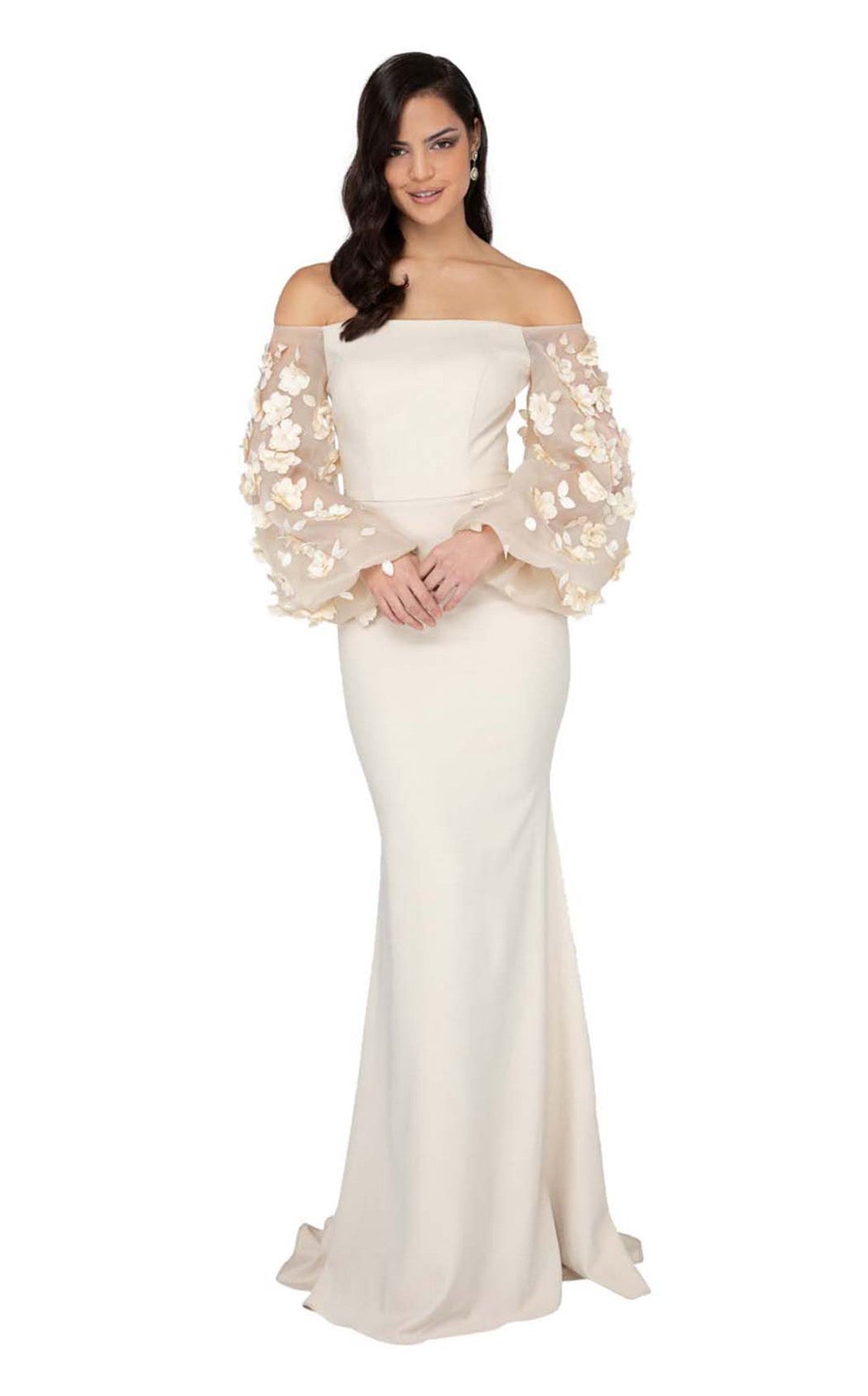 Terani Couture 1911E9128 Organza Sleeves Formal Dress Sand