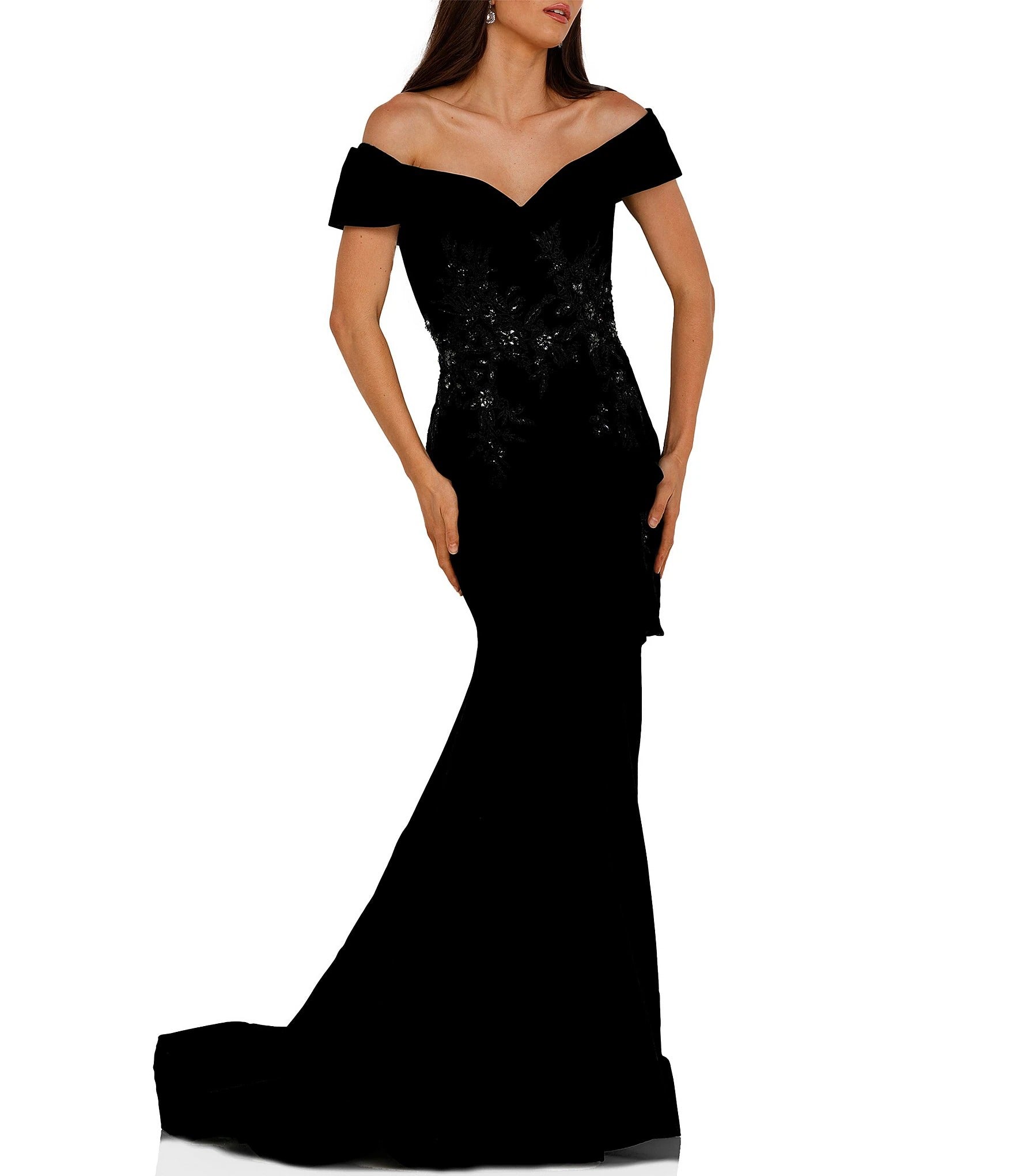 Terani Couture 1911M9339 Long Off Shoulder Prom Dress in Black