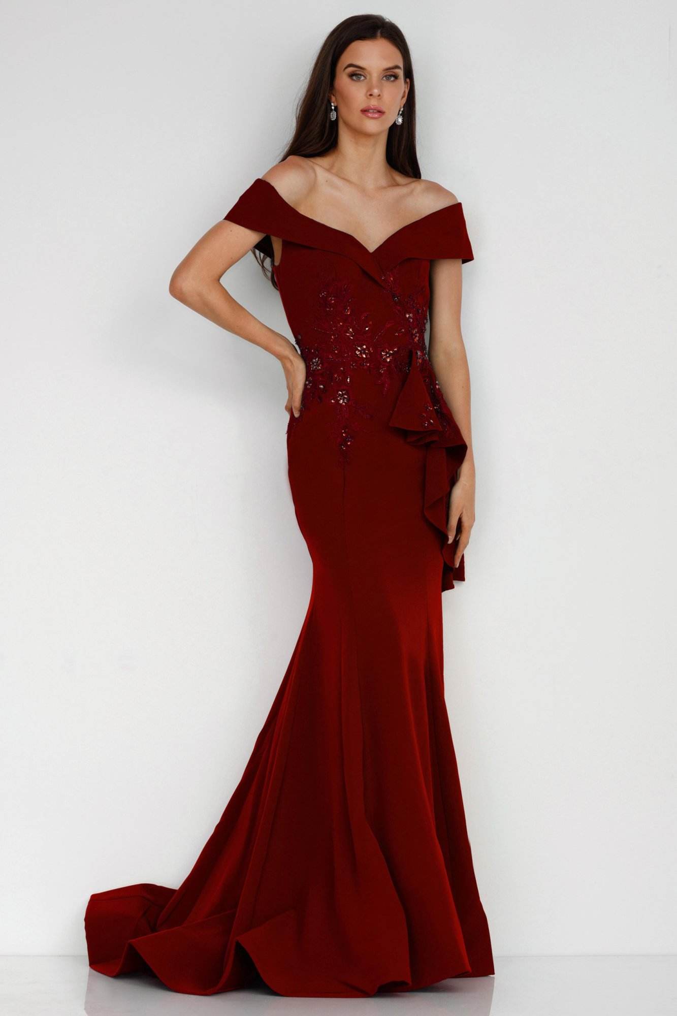 Terani Couture 1911M9339 Long Off Shoulder Prom Dress in Wine