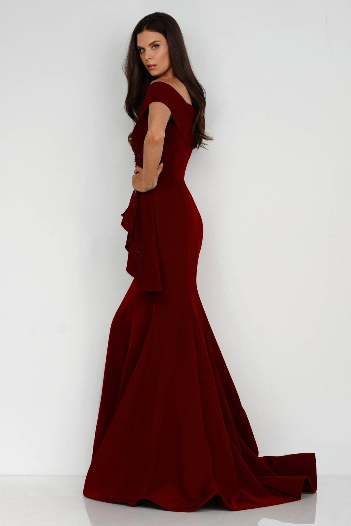 Terani Couture 1911M9339 Long Off Shoulder Prom Dress in Wine