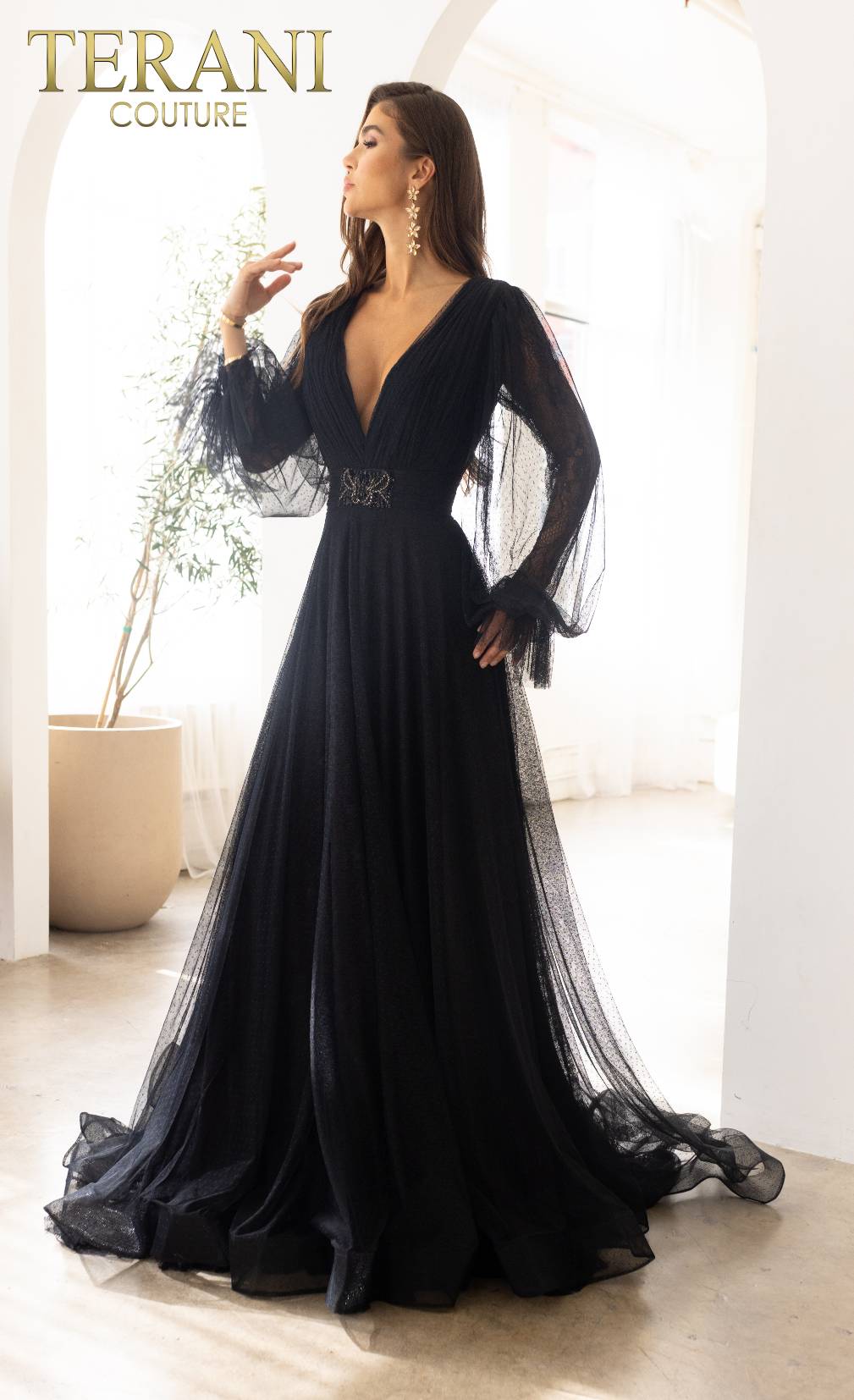 Terani Couture Long V-Neck Formal Dress 1913M9414 - The Dress Outlet Black