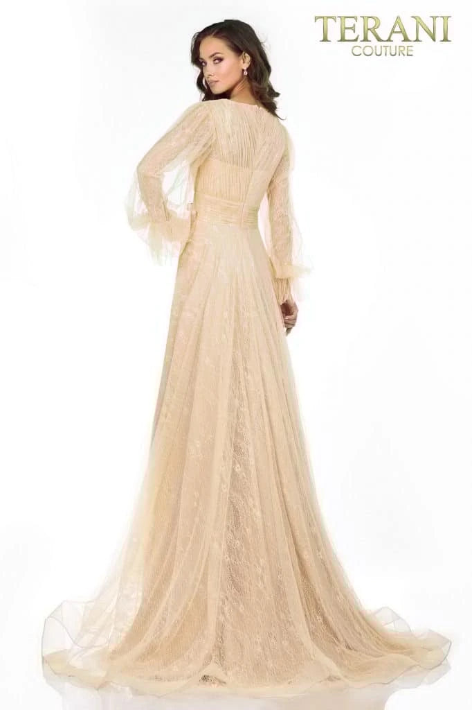 Terani Couture Long V-Neck Formal Dress 1913M9414 - The Dress Outlet Gold