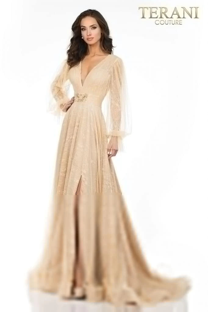 Terani Couture Long V-Neck Formal Dress 1913M9414 - The Dress Outlet Gold