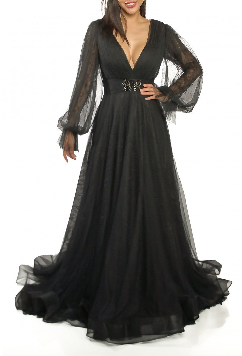 Terani Couture Long V-Neck Formal Dress 1913M9414 - The Dress Outlet Black