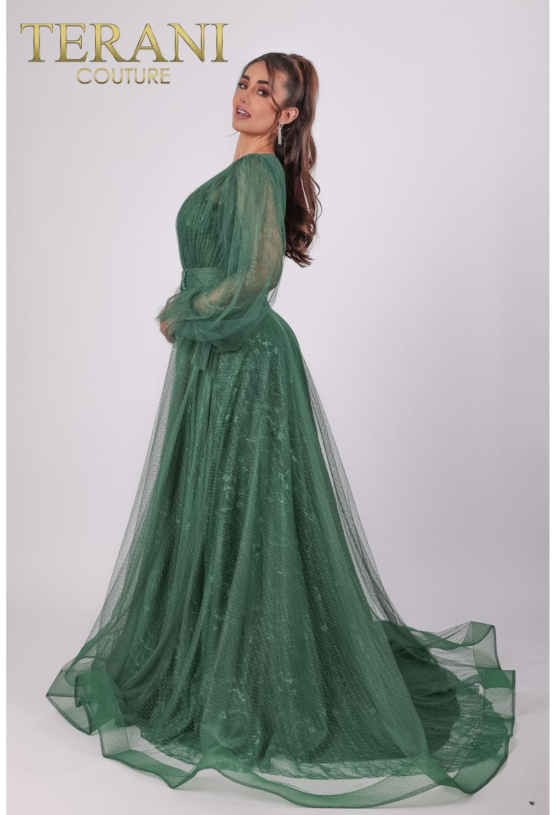 Terani Couture Long V-Neck Formal Dress 1913M9414 - The Dress Outlet Emerald