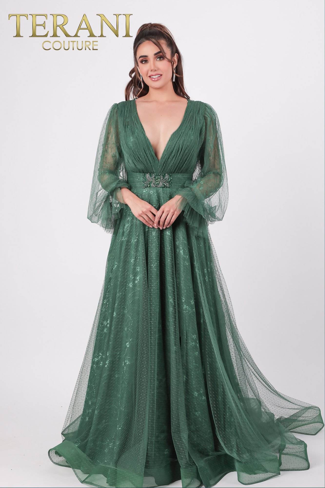 Terani Couture Long V-Neck Formal Dress 1913M9414 - The Dress Outlet Emerald