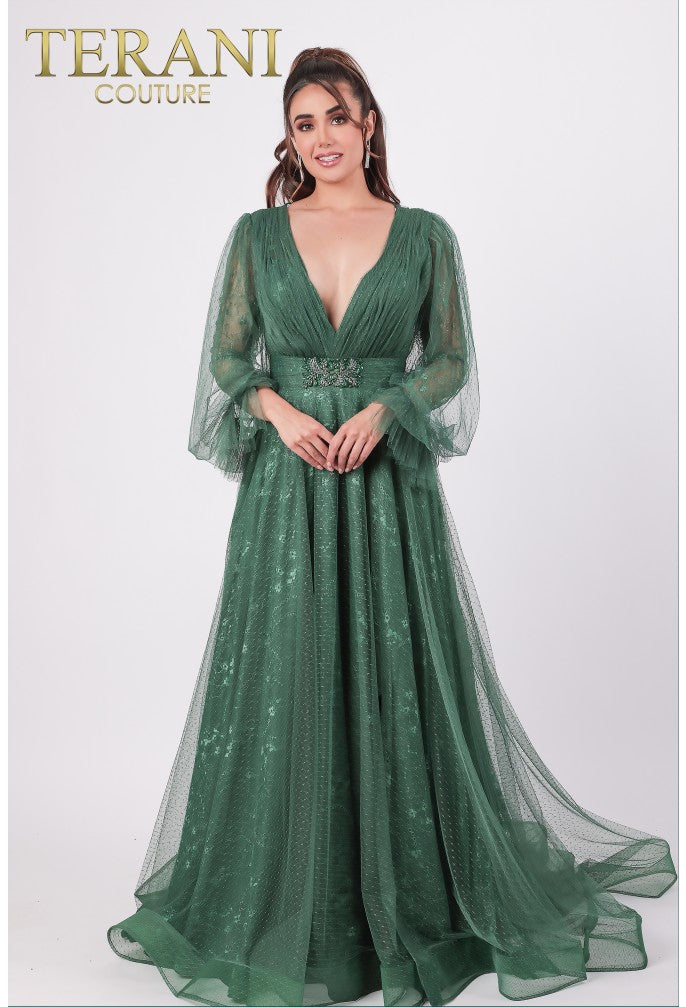 Terani Couture 1913M9414 Long V-Neck Formal Dress