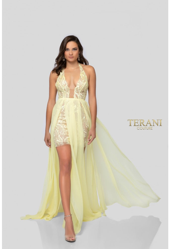 Terani Couture 1913P8314 A Line High Low Formal Beaded Lace Prom Dress