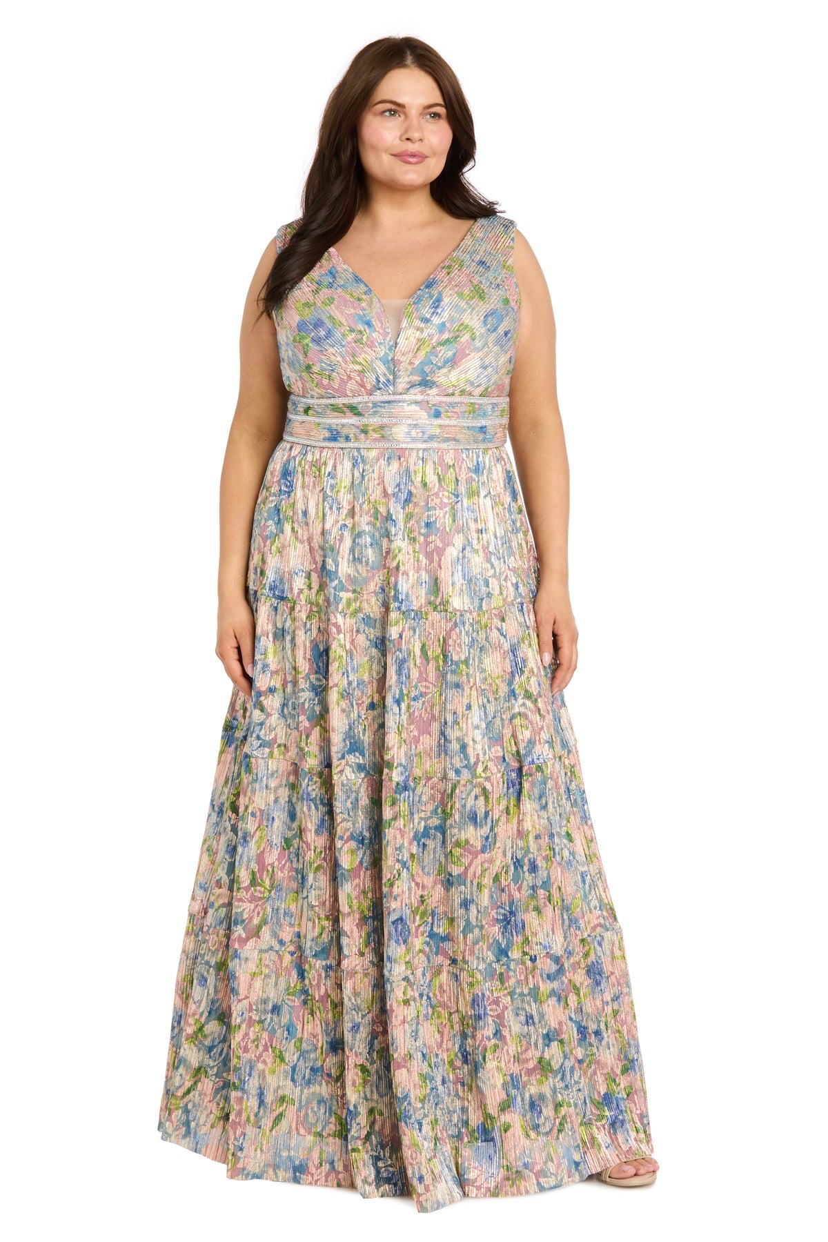 V-Neck Floor-Length Floral Chiffon Formal A-Line Plus Size Gown R&M Richards 1914W