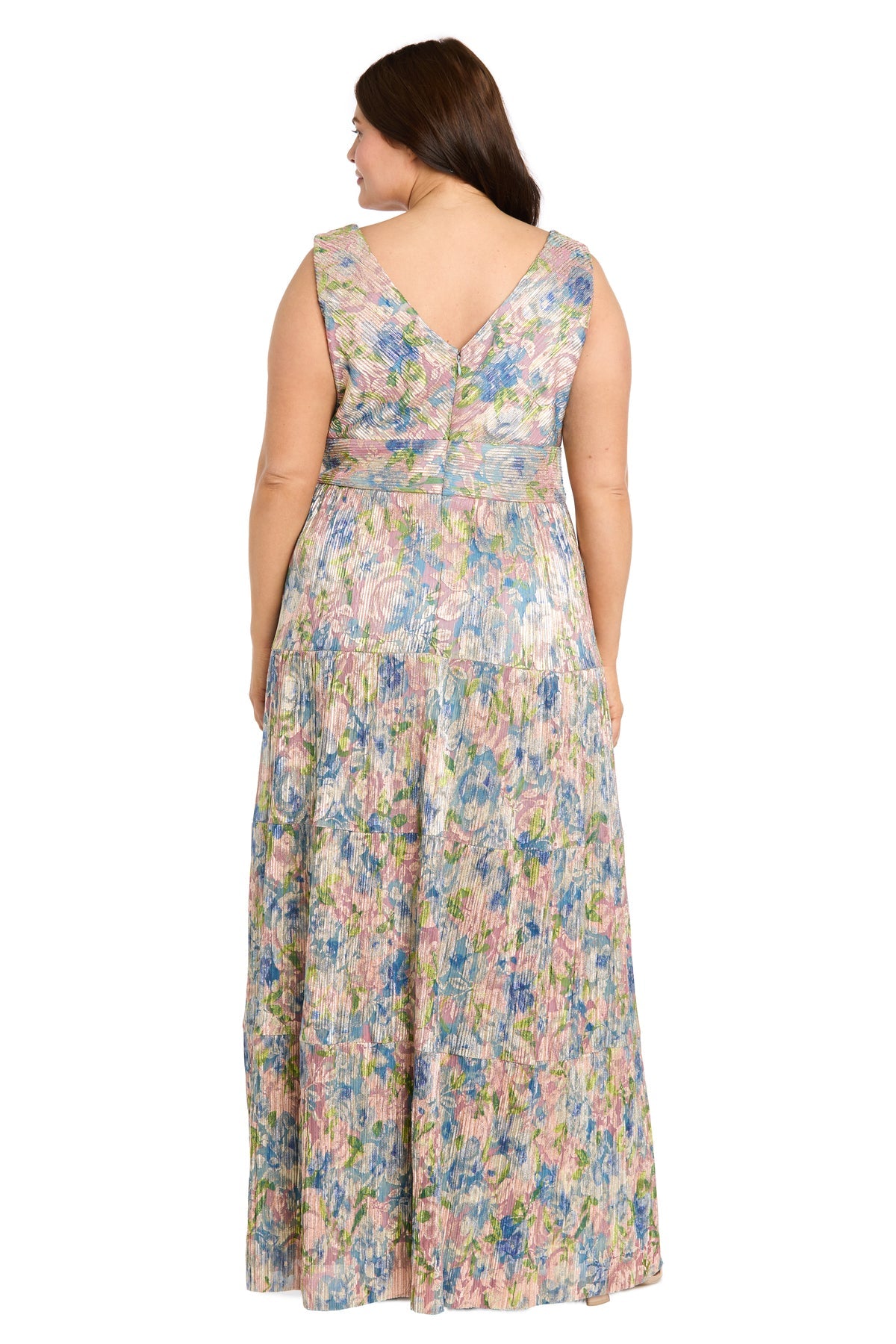 V-Neck Floor-Length Floral Chiffon Formal A-Line Plus Size Gown R&M Richards 1914W