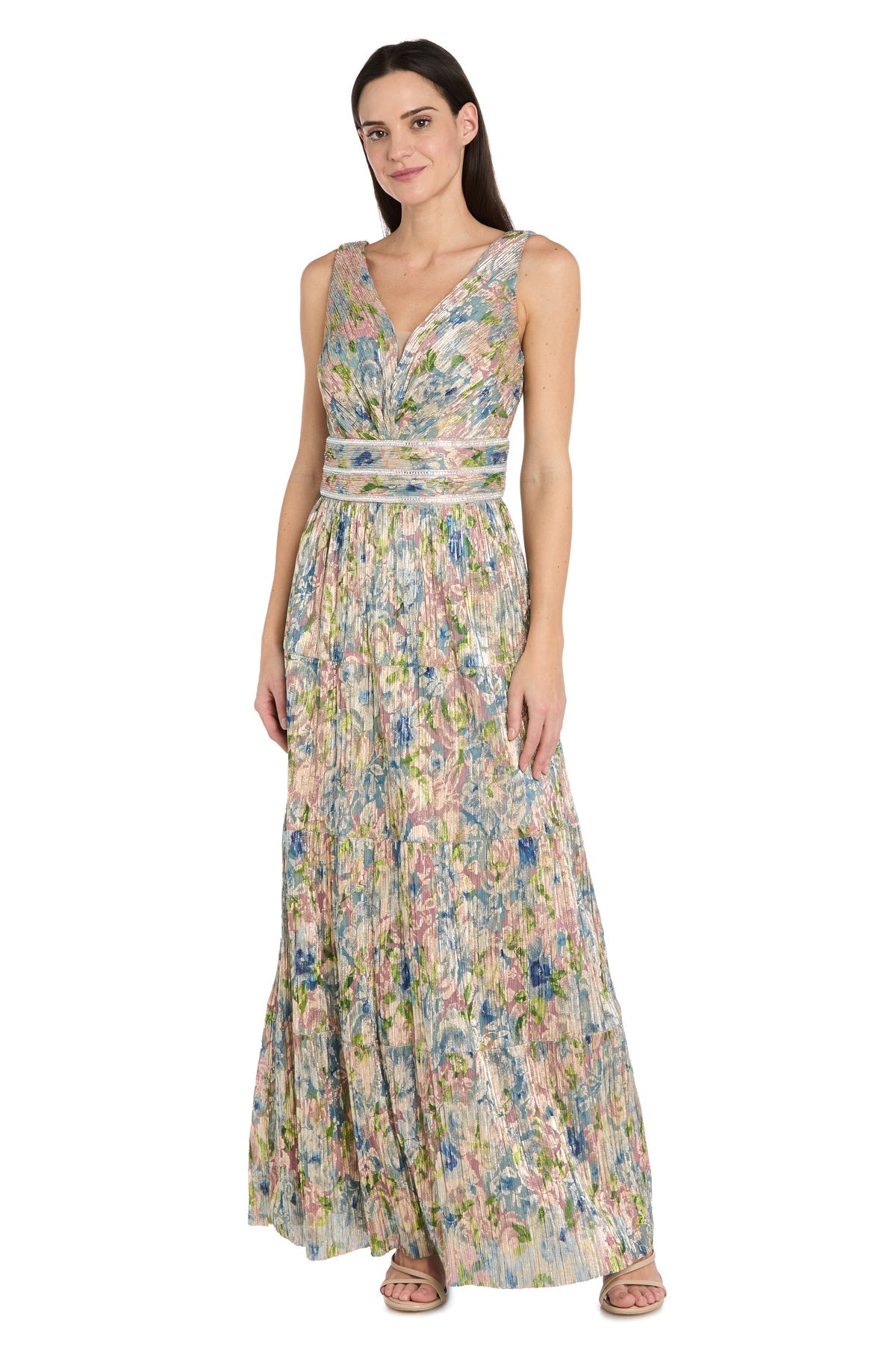 V-Neck Floor-Length Floral Chiffon Formal A-Line Gown R&M Richards 1914