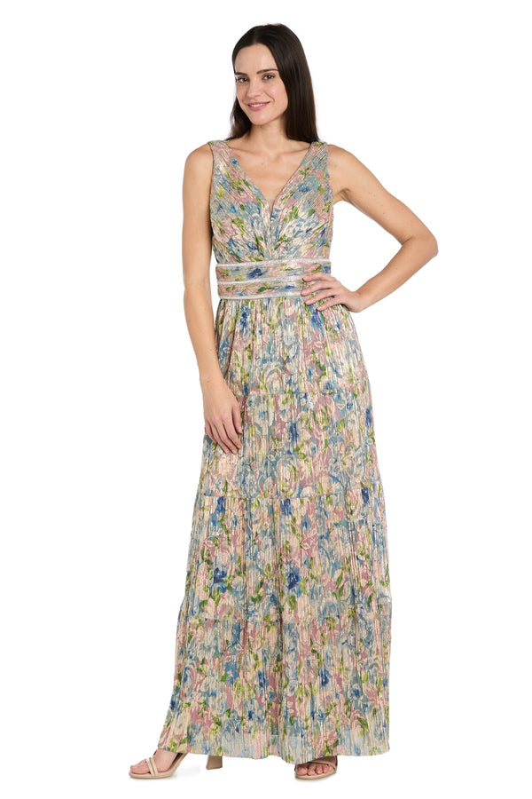 V-Neck Floor-Length Floral Chiffon Formal A-Line Gown R&M Richards 1914