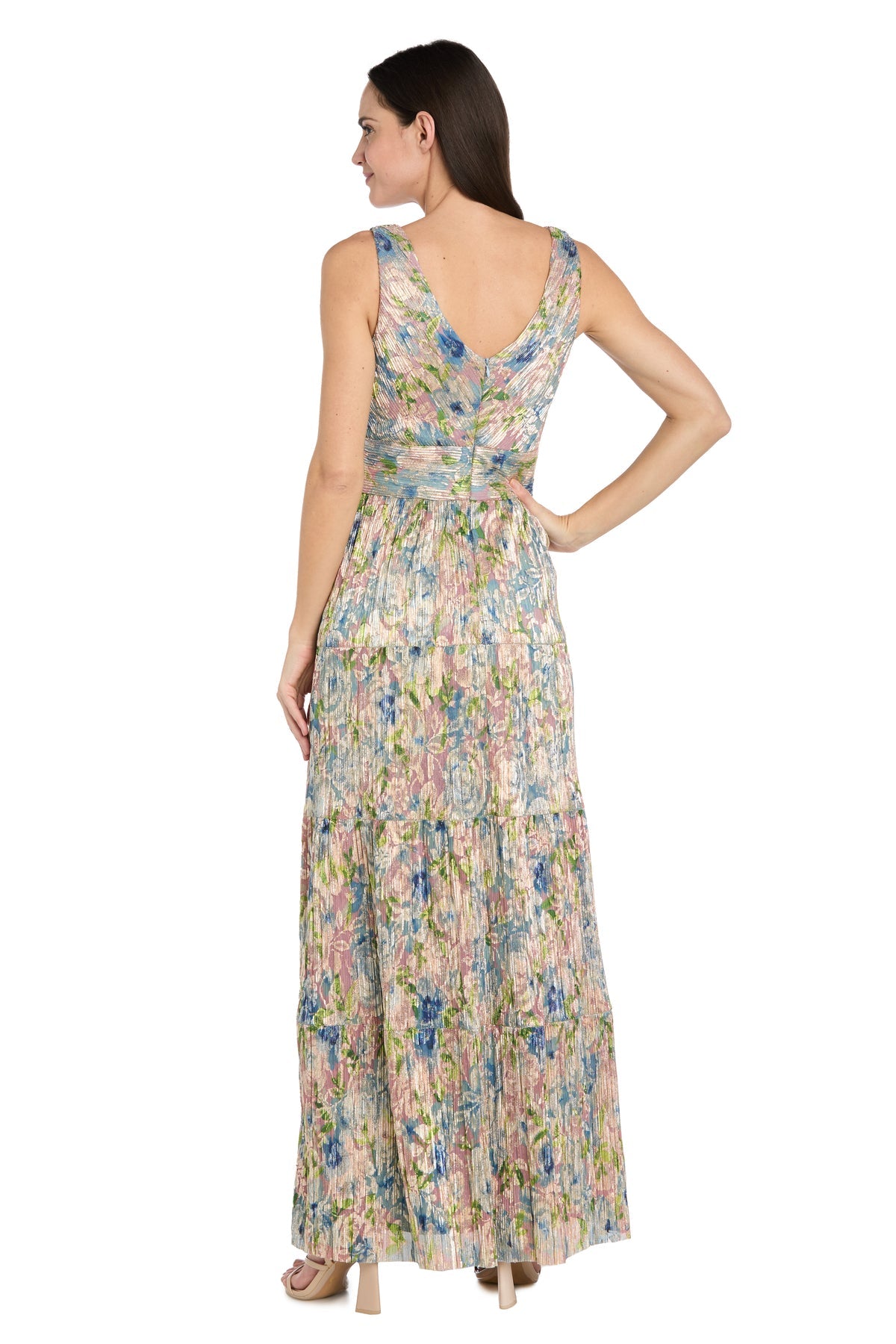 V-Neck Floor-Length Floral Chiffon Formal A-Line Gown R&M Richards 1914