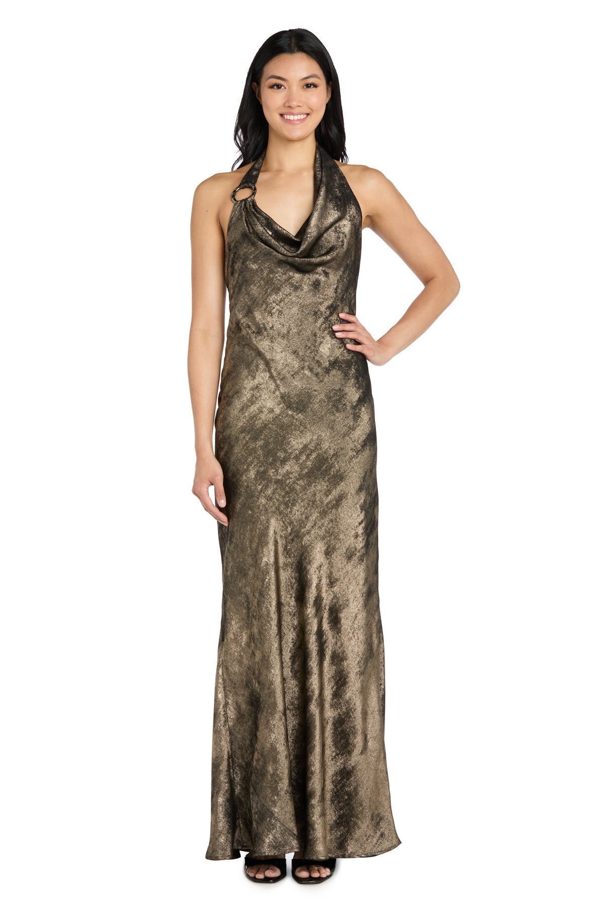 Halter Cowl Neck Long Metallic Gown by Morgan & Co 19159 in Black/Gold