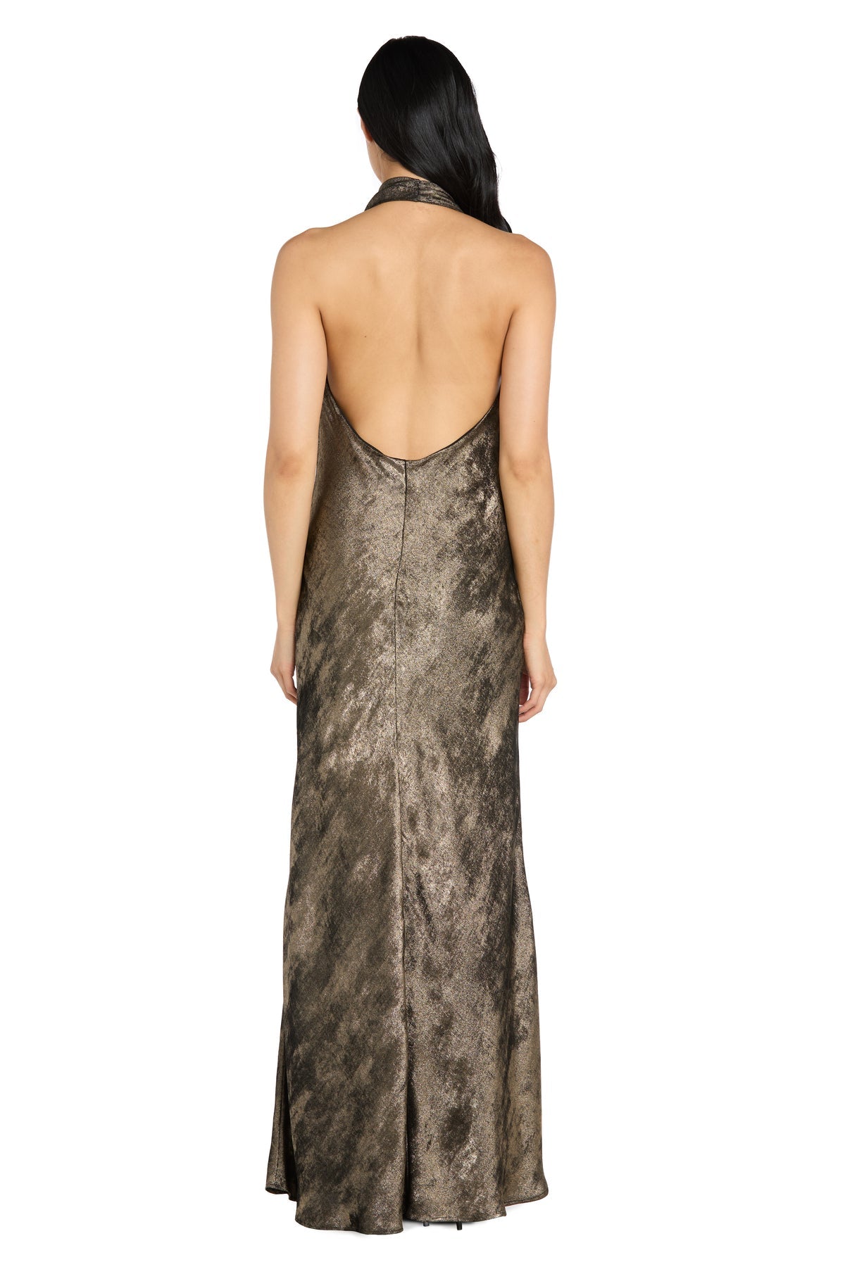 Halter Cowl Neck Long Metallic Gown by Morgan & Co 19159 in Black/Gold