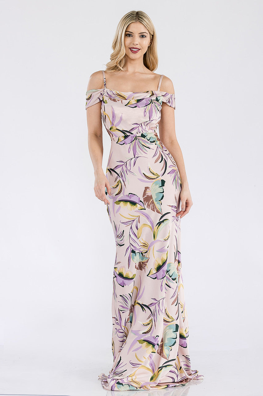 Formal Dresses Long Prom Formal Fitted Print Dress Lenovia 5306 Blush Multi