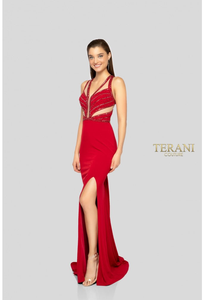 Terani Couture 1915P8340 Long Formal Fitted Slit Beaded Prom Dress