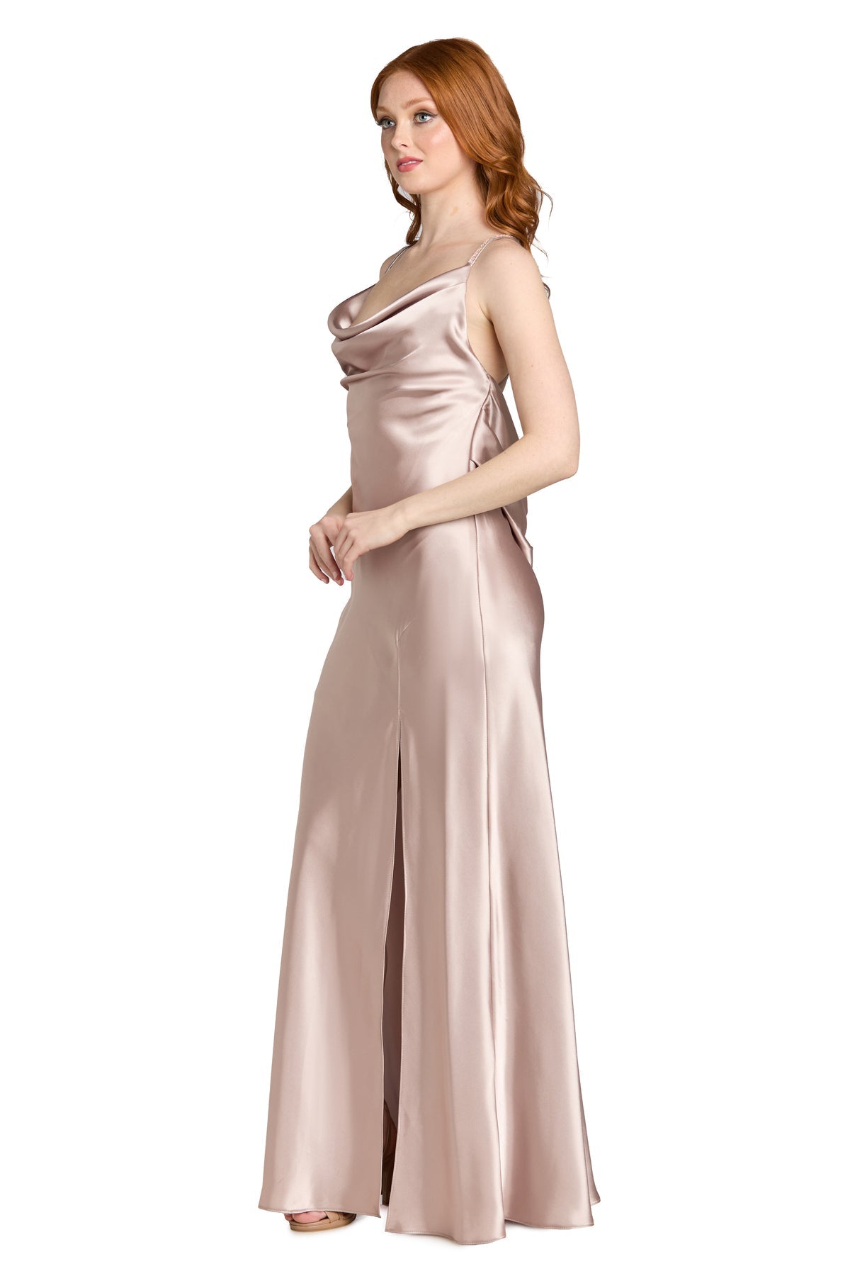Cowl Neck Long Satin Prom Dress by Morgan & Co 19189 in Latte