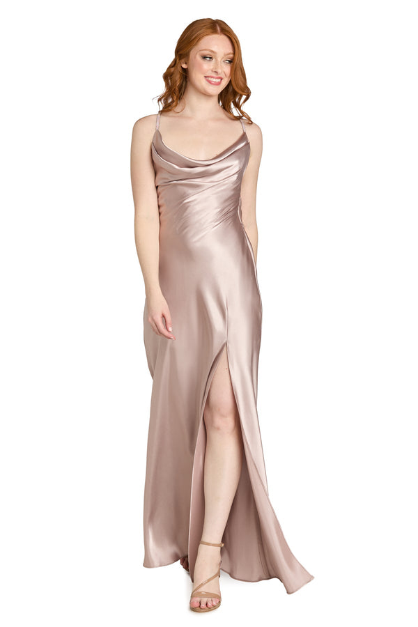 Cowl Neck Long Satin Prom Dress by Morgan & Co 19189