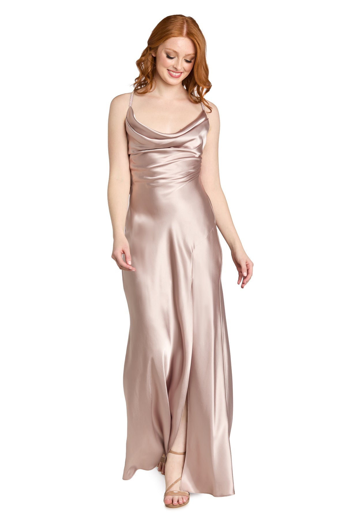 Cowl Neck Long Satin Prom Dress by Morgan & Co 19189 in Latte